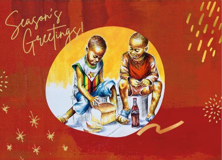 Weihnachtskarte mit einem Bild von zwei Kindern, die ihr Frühstück teilen